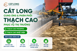 Hình ảnh hoạt động cung ứng và phân phối thạch cao của Cát Long tại cảng, phục vụ nhu cầu nguyên liệu cho ngành xi măng, vật liệu xây dựng, gạch không nung và các dự án công nghiệp theo định hướng phát triển kinh tế tuần hoàn.